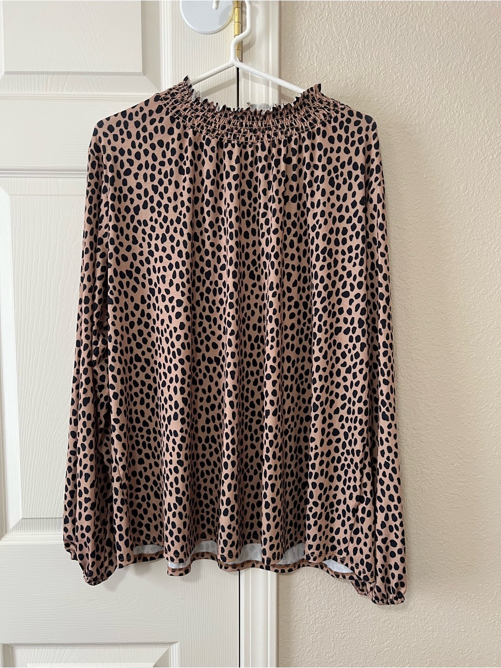 ChicSoul 1X Leopard Print Smocked Neck Long Sleeve Blouse